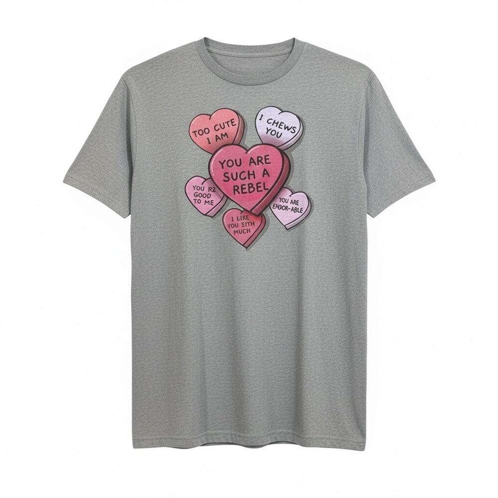 Conversation Hearts Graphic T-Shirt “You Are Such a Rebel” Gray Unisex 4XL New